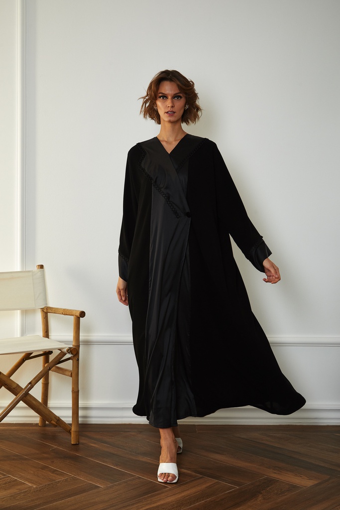 black silk accent jacket fold Abaya